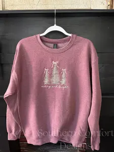 Merry and Bright Dainty Christmas Trees Embroidered Sweatshirt Heather Sport Dark Maroon 50/50 Cotton Polyester Unisex Holiday Season