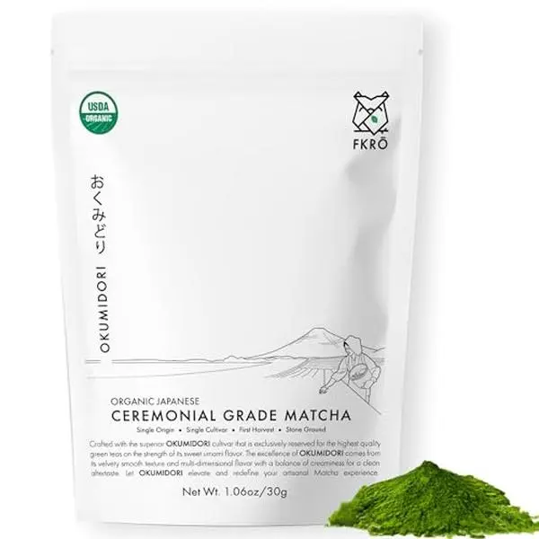 FKRO Okumidori Organic Ceremonial Matcha Powder - Single Cultivar, Air Flown Monthly from Japan, Creamy & Umami Traditional Green Tea, 30g Pouch
