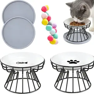 2 Pieces Elevated Cat Bowls Stand Tilted Pet Ceramic Bowls Raised Dogs Plate Non-Slip Mat for Cats and Puppy (Black)