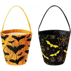 2 count Canvas Halloween Trick or  Buckets Halloween Candy Snack Baskets Pumpkin  Candy Holder with Handle for Halloween Party Favor Supplies (Black/Yellow Bat)