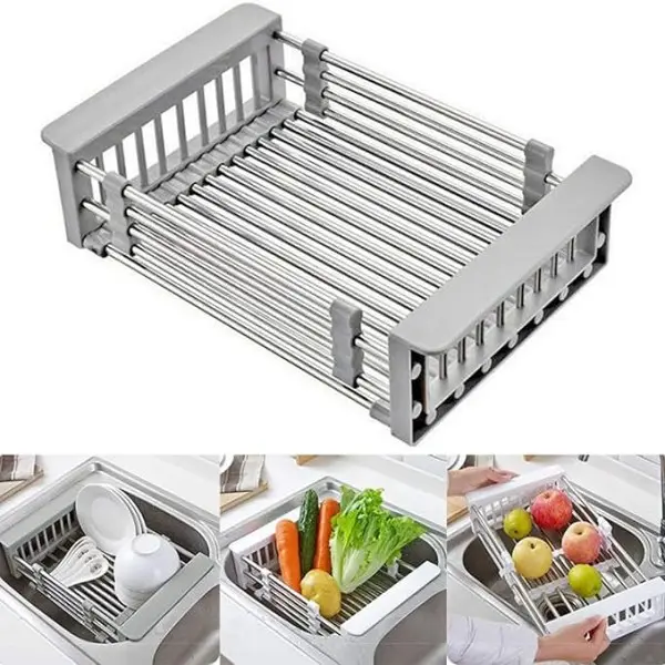 Extend Kitchen Sink Drain Basket, Adjustable Dish Drying Rack Over The Sink, Stainless Steel Kitchen Retractable Drain Sink Accessories Portable & Telescopic Space-Saving Extender for Vegetable, Fruit
