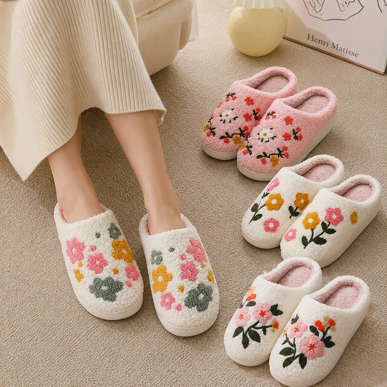 FEITAI Women's & Men's Girl Footwear - Warm Fuzzy Plush Anti-Slip Slip-On Slippers for Indoor Bedroom & Outdoor Casual Use