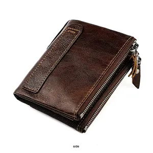 Unisex Retro Genuine Leather Wallet, RFID Blocking Short Card Holder with Double Zipper Coin Purse