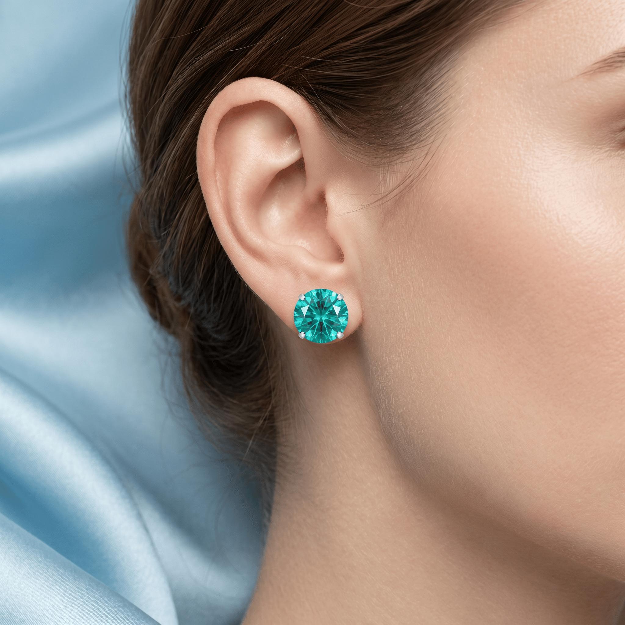Sterling Silver Flat Back Gemstone Stud Earrings, 8mm Round Teal Blue CZ Disc Studs, Hypoallergenic 4-Prong Basket Setting, Aquamarine-Tone Earring Back Jewelry for Sensitive Ears (Gift for Cartilage Tragus Helix), Flat Back Earrings
