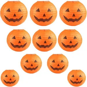 Halloween Jack-O-Lantern Paper Lanterns Halloween Pumpkin Hanging Paper Lantern for Home Outdoor Decoration, Multi-Sized, Pack of 10