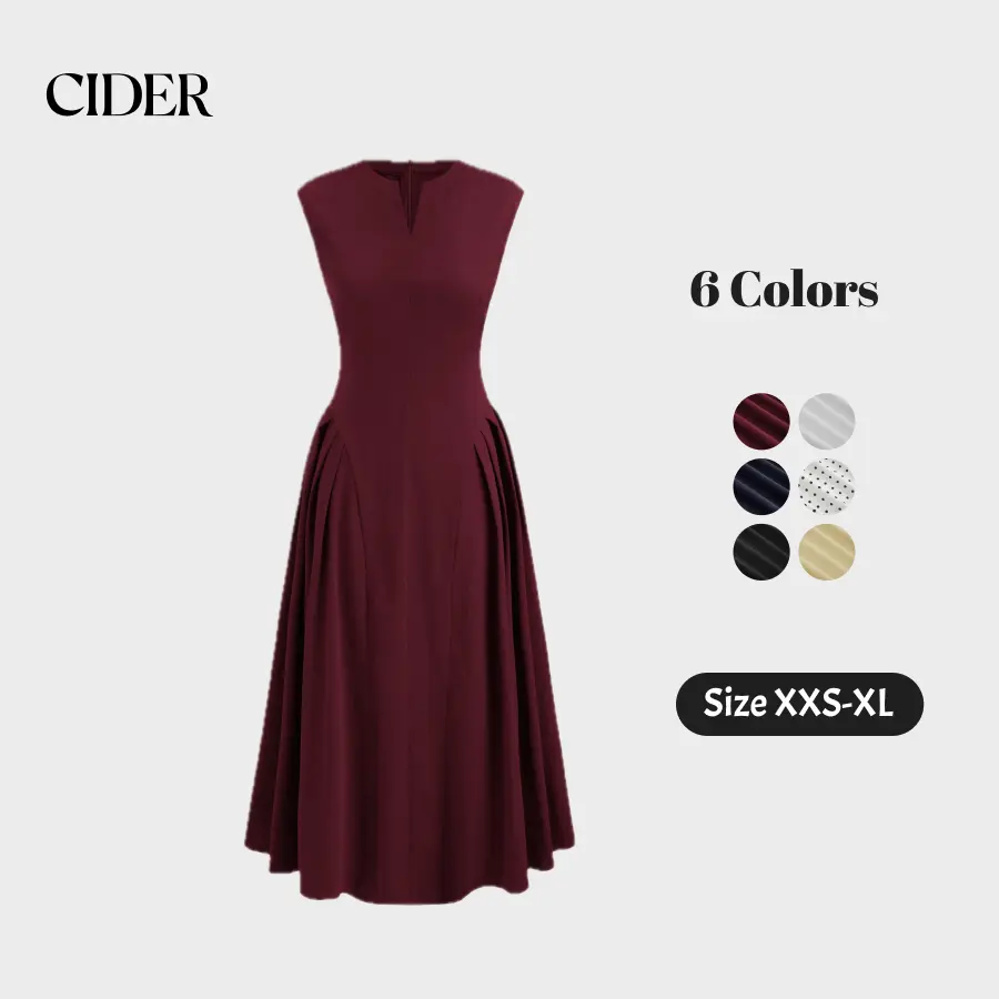 Cider V-neck Solid Pleated Sleeveless Maxi Dress SohoChic