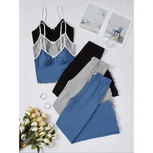 Women's Contrast Binding Lettuce Trim Pyjama Set, Adjustable Spaghetti Strap Crop Cami Top & Bow Decor Elastic Waist Pants Pj Set, Casual Comfy Fit Loungewear Set for Women, Pyjamas for Women