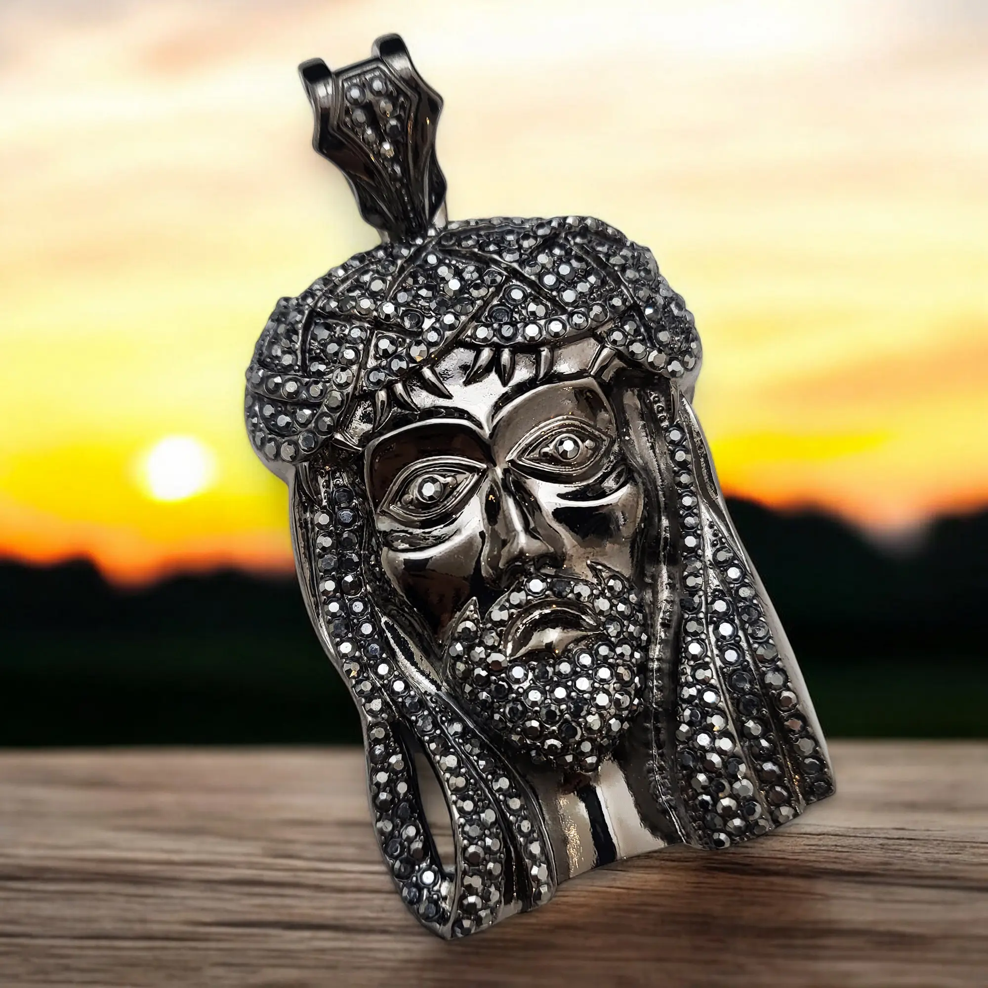 MaxBling81 Unisex Hip Hop Pendant, Large 3.5" Iced Out Jesus Head Design in Hematite Plated Alloy with Cubic Zirconia, Pendant Design
