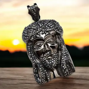 MaxBling81 Unisex Large Pendant - Black Jesus Head Hip Hop Charm, Iced Hematite Cubic Zirconia Alloy Coated Polished Finish Costume Jewelry for Casual Daily Wear
