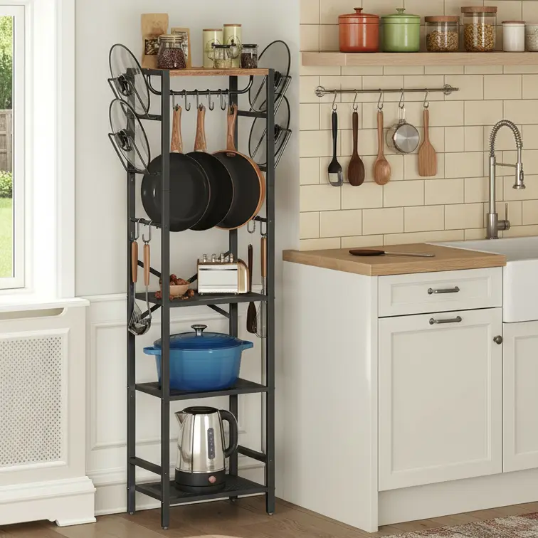 MAHANCRIS 4-Tier Kitchenware Storage Shelf - Freestanding, Stable Indoor Furniture with Lid Holders, Hooks for Secure Lids, Pots, Pans, Cups, Ideal for Small Kitchen Cooking Spaces