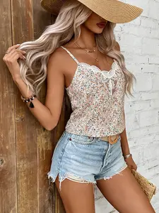 A women's apricot colored fashionable floral silk slip top, neat and slimming, wearing flat shoes for work and commuting, and sandals for shopping, shining both indoors and outdoors