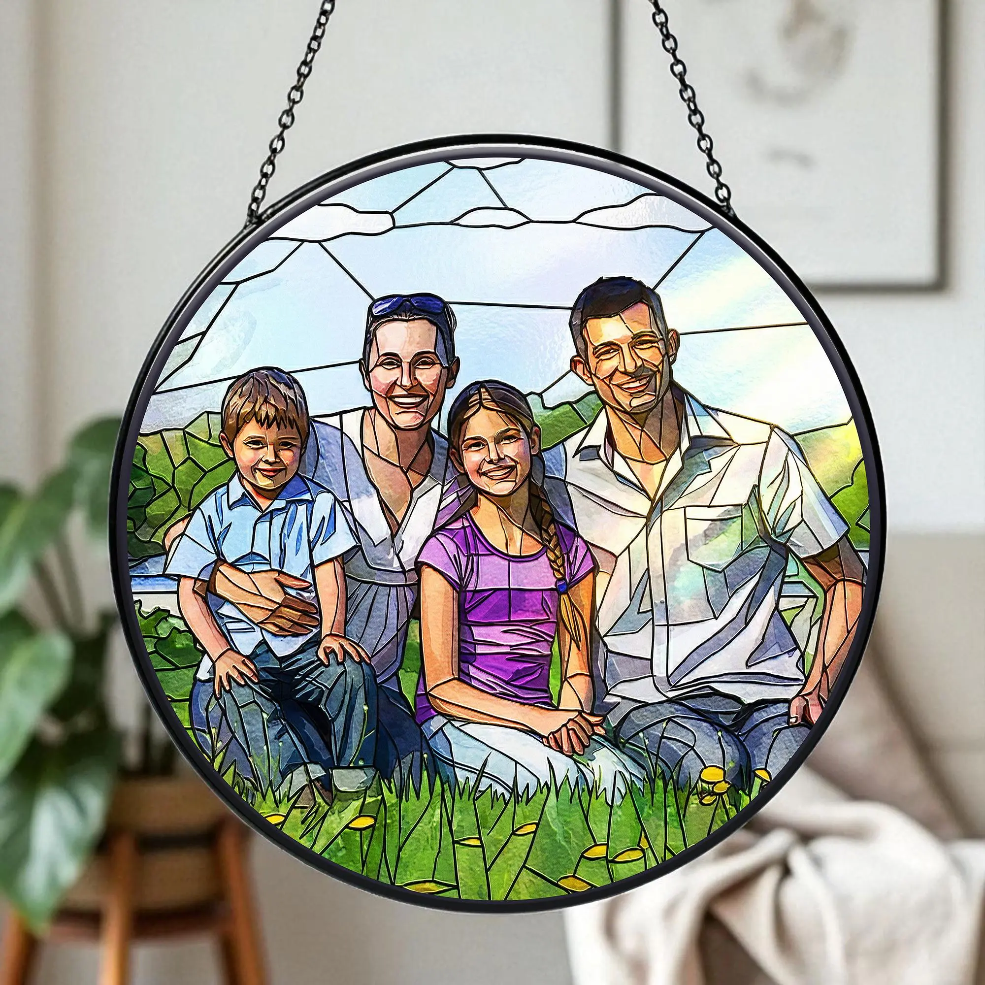 Custom Stained Glass Family Suncatcher, Personalized Photo Suncatcher, Window Hanging Keepsake Gift for Mom Dad Kids, Family Keepsake Gift