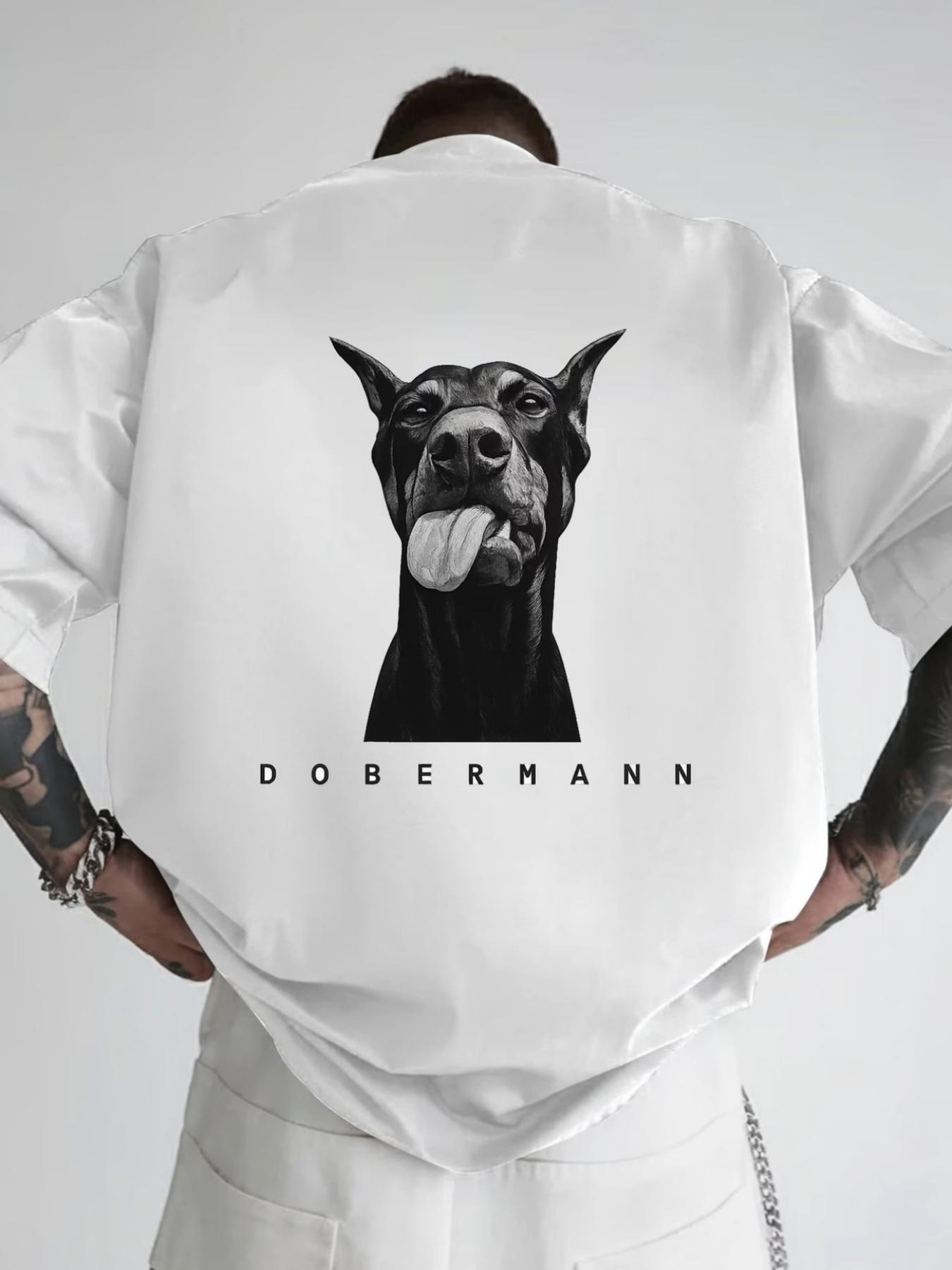 Men's Dobermann Dog Print T-Shirt - Bold Doberman Graphic Crew Neck Tee, Soft 100% Polyester Short Sleeve Shirt with Iconic Breed Design, Machine Washable Casual Summer Wear Suitable for Animal Lovers & Dobermann Owners