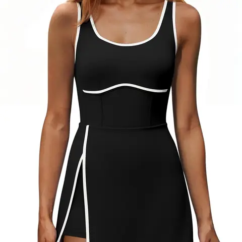 Fisoew Women's Cotton Sporty athletic dress - Built-in Bra, Shorts, Pockets, Cutout, Sizes S-2XL, Gym Clothes Women, Workout Dress for Tennis, Biking
