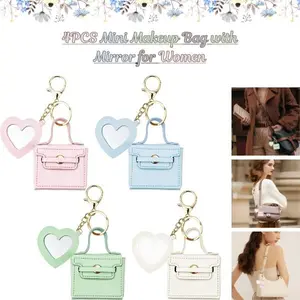 4PCS Mini Makeup Bag with Mirror for Women – Mothers Day Gift, Cute Small Cosmetic Pouch, Coin Wallet, Y2K Bag Charm Keychain, Travel Organizer Set