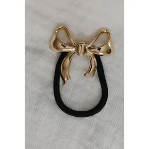Chic Women's Solid Gold Ribbon Shiny Bow Ponytail Holder - Sturdy Elastic Hair Accessory with Secure Grip, Thick Hold for Polished Buns & All Hair Types