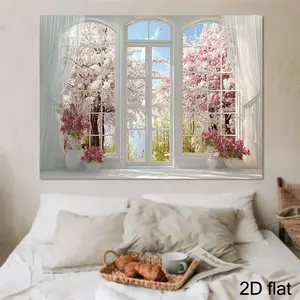 A 2D Flat Mural Featuring a 3D Spring Scene with White Window Curtains And Blooming Trees Outside, Designed for Photography Backgrounds, Party Decorations, And Studio Props