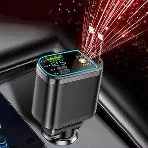 5 in 1 Car Charger Retractable Car Charger Fast Charging USB C PD USB 3.1A Mobile Phone Charger Voltage Detection LED Display Starry Ambient Light Multi Port Car Adapter Universal for iPhone Android Road Trip Car Accessories Travel Tech Gadgets