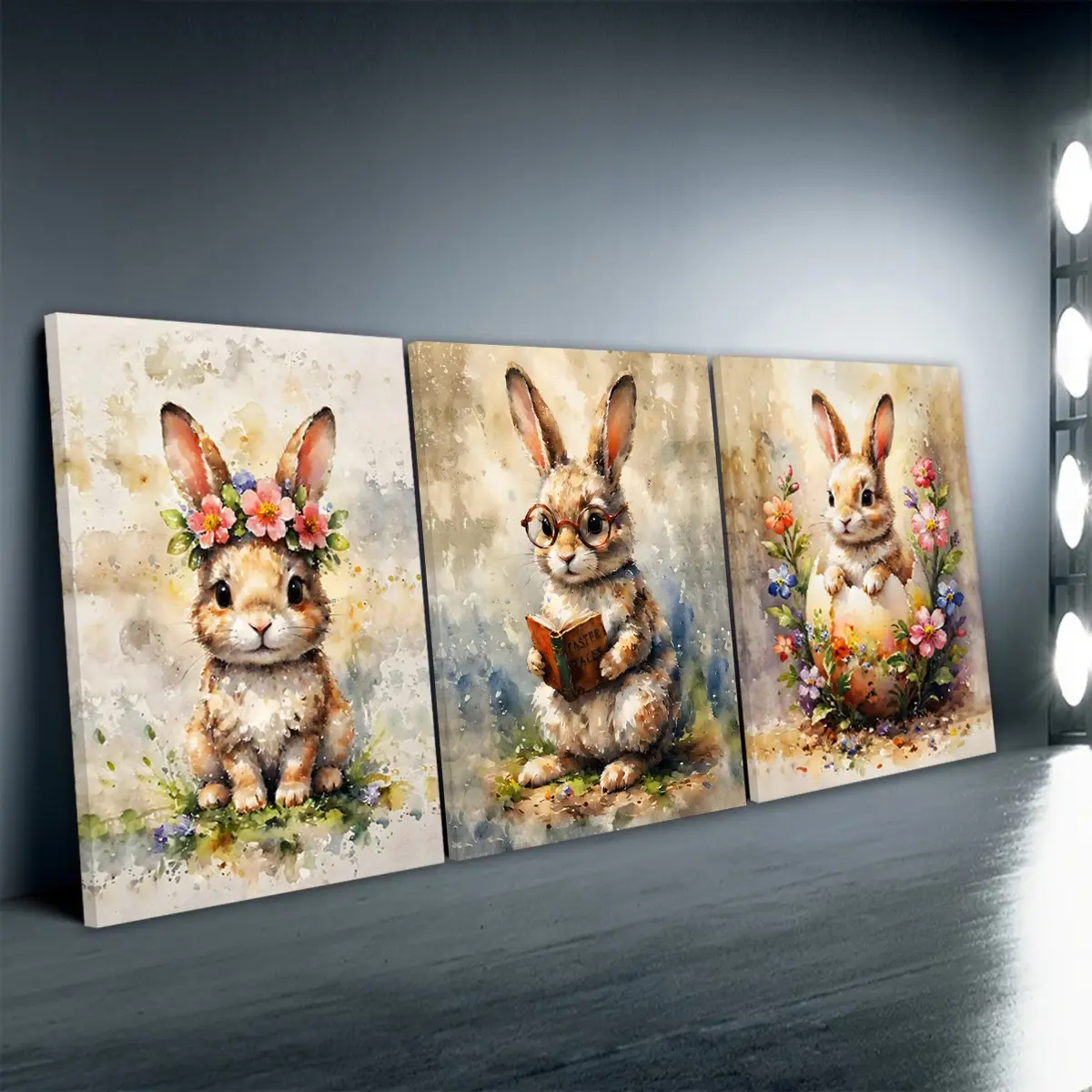 3pcs/Set Wooden Framed, Watercolor Cute Flower Crown Bunny Print Poster, Easter Cute Bunny Reading Wall Art Canvas Painting, Easter Bunny in Egg Art Pictures, Ideal For Bathroom, Bedroom, Office, Living Room, Home Decoration, Perfect Gift Idea