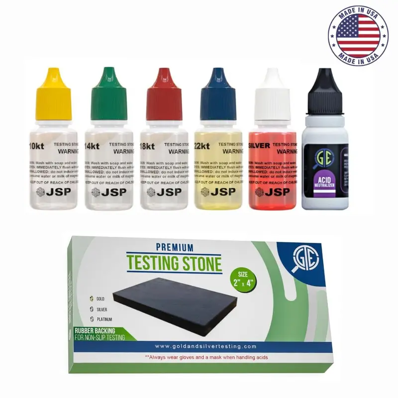 GTE Gold and Silver Jewelry Testing Solutions Kit 10k 14k 18k 22k 24k Scratch Stone Acid Test Scrap Bars Coins