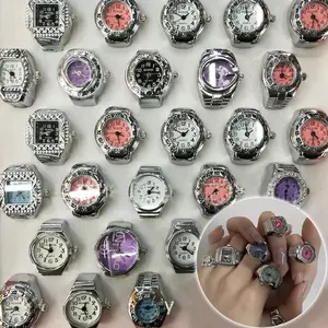 Retro Punk Finger Watch Mini Elastic Strap Alloy Watches Couple Rings Jewelry Clock Retro Roman Quartz Watch Rings Women Men