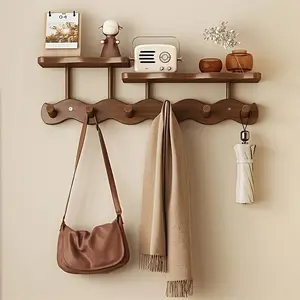 1pc Wooden Wall-Mount Coat Rack with Hooks, Polished Ends, Easy Installation, Casual Style, No-Drilling Required Multipurpose Organizer for Bedroom, Entryway – Home Decor Shelves, Room Decor