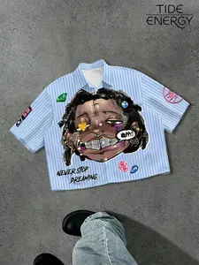 Men's Oversized Striped Shirt Hip Hop Rapper Graphic Print Short Sleeve Button Down - Lightweight Breathable Fabric, Boxy Cropped Fit, "Never Stop Dreaming" Streetwear Aesthetic, One Wear Multiple Ways for Skate, Daily & Concert