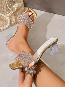 New Luxury Style Square Toe Flip Flops, Full Rhinestone Transparent Thick Heel, Versatile Outdoor Open-Toe Slippers