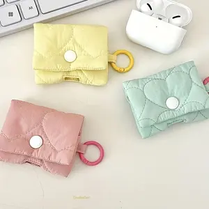Portable Quilted Heart Earbud Case Cover with Clip and Ring - Soft Fabric Protector for Protection, Fits Most Wireless Earbuds