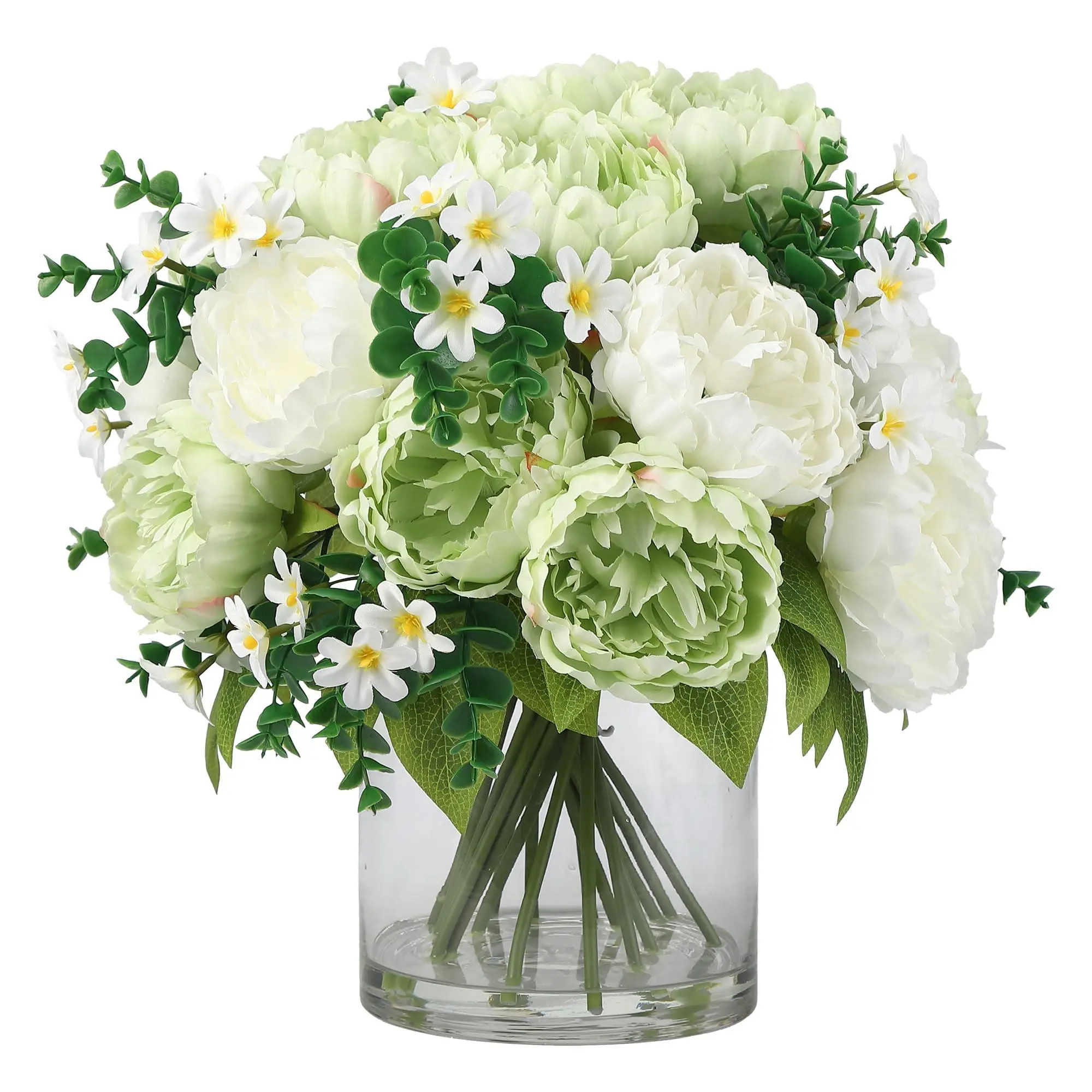 Garvee Silk Fabric Peony Blooms Decorative Floral Arrangement Set - Lifelike Artificial Bouquet in Glass Vase with Faux Water, UV Resistant for Home Decor, Wedding Table Centerpiece, Ornaments