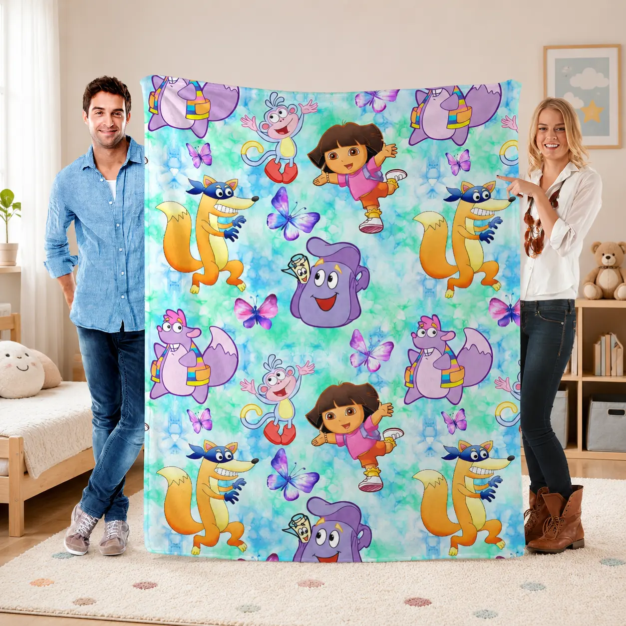 Cute Dora Explorer Flannel Throw Blanket for Kids, Soft Cozy Cartoon Character Fleece Blanket, Lightweight AC Blanket for Bed Sofa Couch, Gift for Girls Boys Anime Fans All Season Use