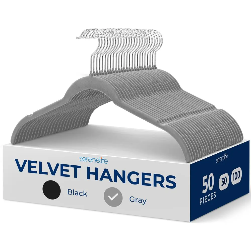 50-Pack Velvet Hangers - Gray | Heavy-Duty Non-Slip Closet Hangers with 360° Swivel Metal Hook - Ultra-Thin Space Saving Clothes Hangers for Coats, Shirts & More - Everyday Home Essentials