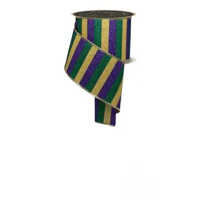 4" x 10yd D'Lux Mardi Gras Glitter Stripe Ribbon w/ Gold Fused Backing