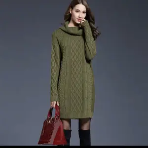 Casual Knitted Long Sleeve Winter Sweater in Olive Green with Turtleneck Cable Knit Pattern Knee Length Loose Fit Knitwear