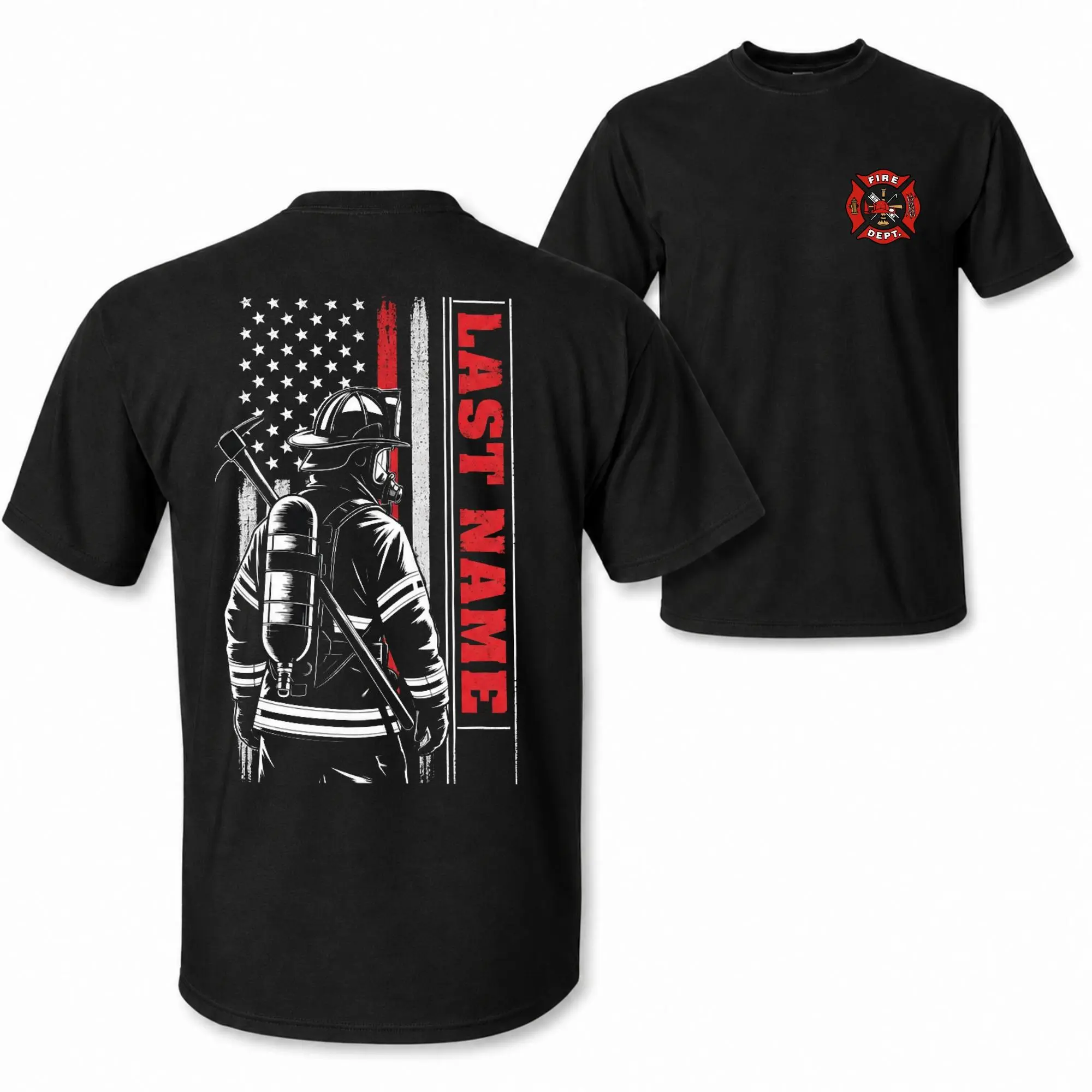 [CUSTOM NOTE PLS] Personalized Firefighter Last Name T Shirt, American Flag Firefighter And Axe Custom Name Graphic, Fire Department Gift For Firefighters First Responders And Firehouse Families