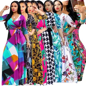 Plus Size Maxi Dress for Women Casual Summer Sundress V-Neck 3/4 Sleeve Women's Sexy V-Neck Exquisite Printed Plus Size Floor-Length Dress fashion 3/4 sleeve v neck floral printed maxi dress