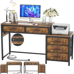 Homieasy Computer Desk with 5 Drawers, Reversible Home Office Desk with Power Outlets, Sturdy Writing Desk with File Cabinet and Printer Stand, Vanity Desk with Storage for Small Space