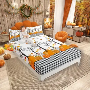 Pumpkin Fall Fitted Sheet,Kids Boys Girls Bedroom/Wooden Cottage Decor,Black White Plaid Bedding Set,Autumn Harvest Maple Bed Cover,Rustic Farmhouse Bed Sheet