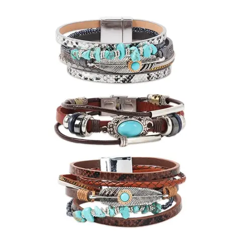 3 Pcs Bohemian Bracelet for Women Girls Faux Leather Cuff Bracelet Multi Layer Western Jewelry Crystal Wristbands