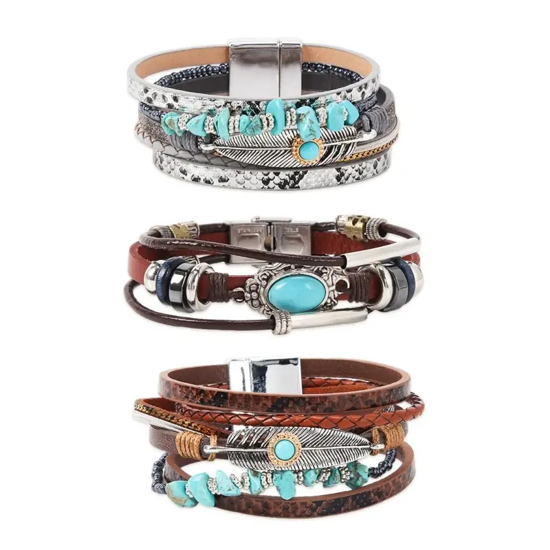 3 Pcs Bohemian Bracelet for Women Girls Faux Leather Cuff Bracelet Multi Layer Western Jewelry Crystal Wristbands