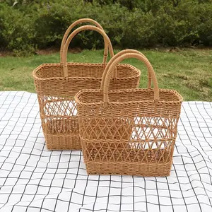 1pc Large Hand-Woven Rattan-Like Wicker Picnic Basket - Heavy-Duty Round Storage Hamper with Open-Top Design & Sturdy Sides, Portable for Outdoor Camping, Beach,, Rustic /Outdoor Use - Wicker Basket