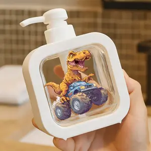 Fun Pump Dispenser with Cartoon T-Rex & Monster Truck Design - Refillable Soap/Lotion Container for Kitchen and Bathroom - Durable Plastic with Playful Patterns!