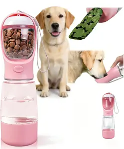 3-in-1 portable dog water bottle with food storage & poop bag dispenser. Leak-proof, lightweight for walks, hikes & outdoor trips. Fits puppies, small and large dogs. Chic pink design, essential pet gear and a thoughtful premium gift.