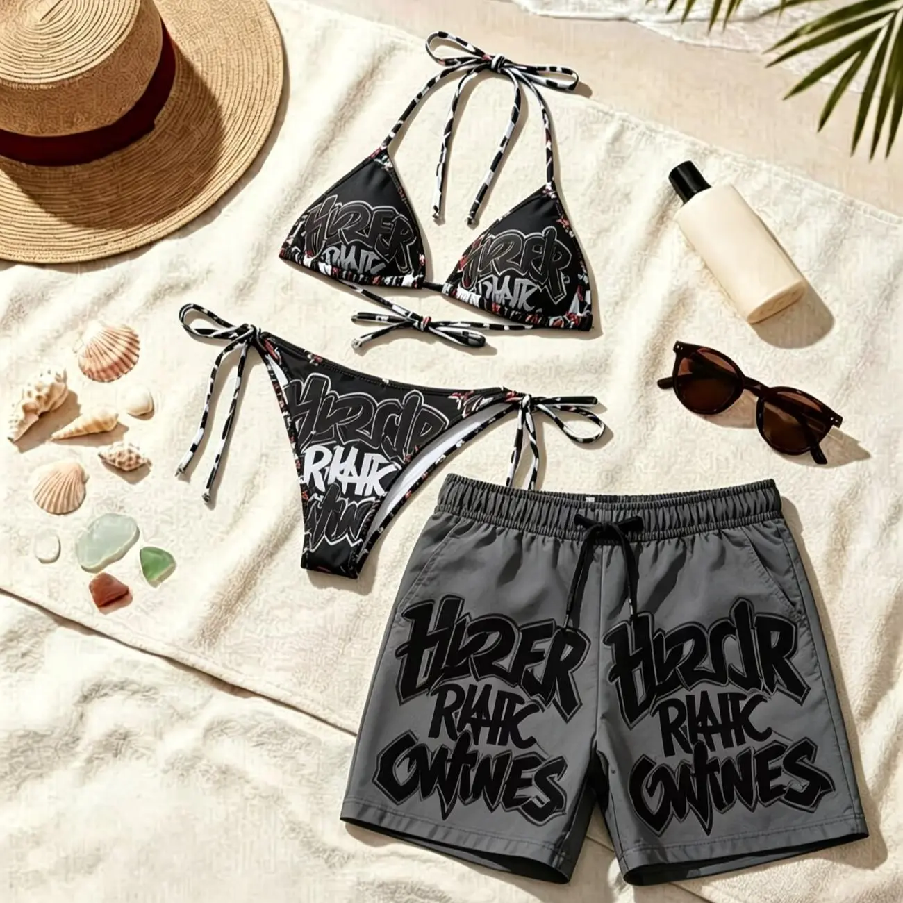 Street Graffiti Print Couple Swimwear, Women's Tie-Side Triangle Bikini, Men's Drawstring Swim Trunks with Pockets, Beach Vacation Swimsuit Set