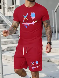 Men’s summer regular-fit cotton short-sleeve T-shirt and shorts set featuring a smiley face print. Fashionable casual menswear for going out, with pockets and an elastic waistband drawstring. Suitable for running, golf, fishing, basketball, camping, gym,