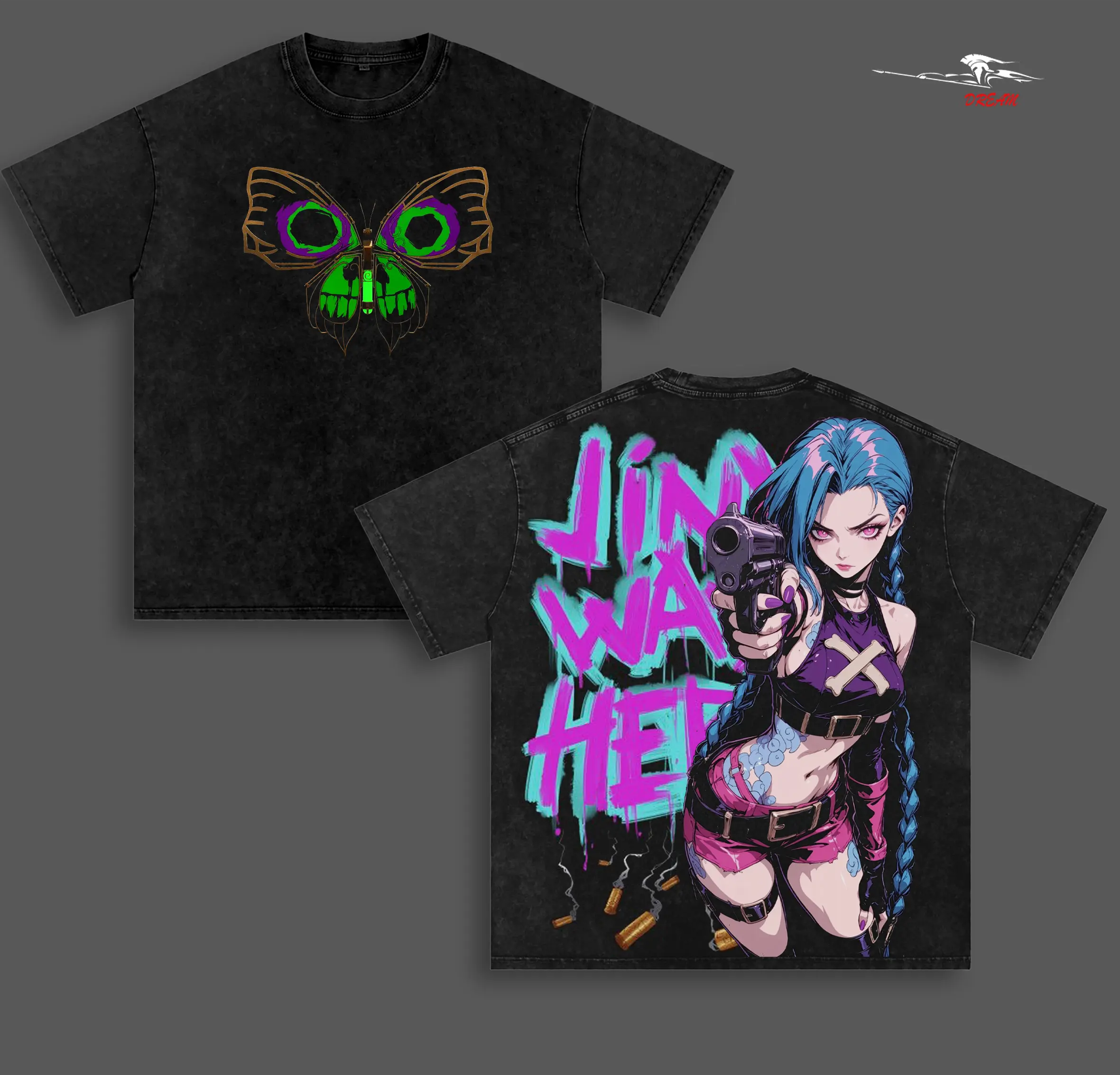 Arcane Jinx Butterfly Anime Double Printed Vintage Washed Tee Unisex Oversize Heavyweight Cotton T-shirt for Anime Fans and Lovers