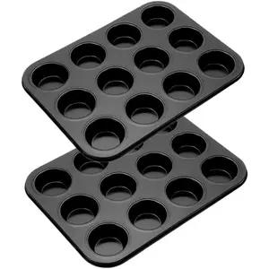 Pack Nonstick 12 Cup Muffin Pan, Carbon Steel Cupcake Baking Tray, Free Easy Release Cake Tin, Oven Safe Bakeware for Muffins & Cupcakes,black