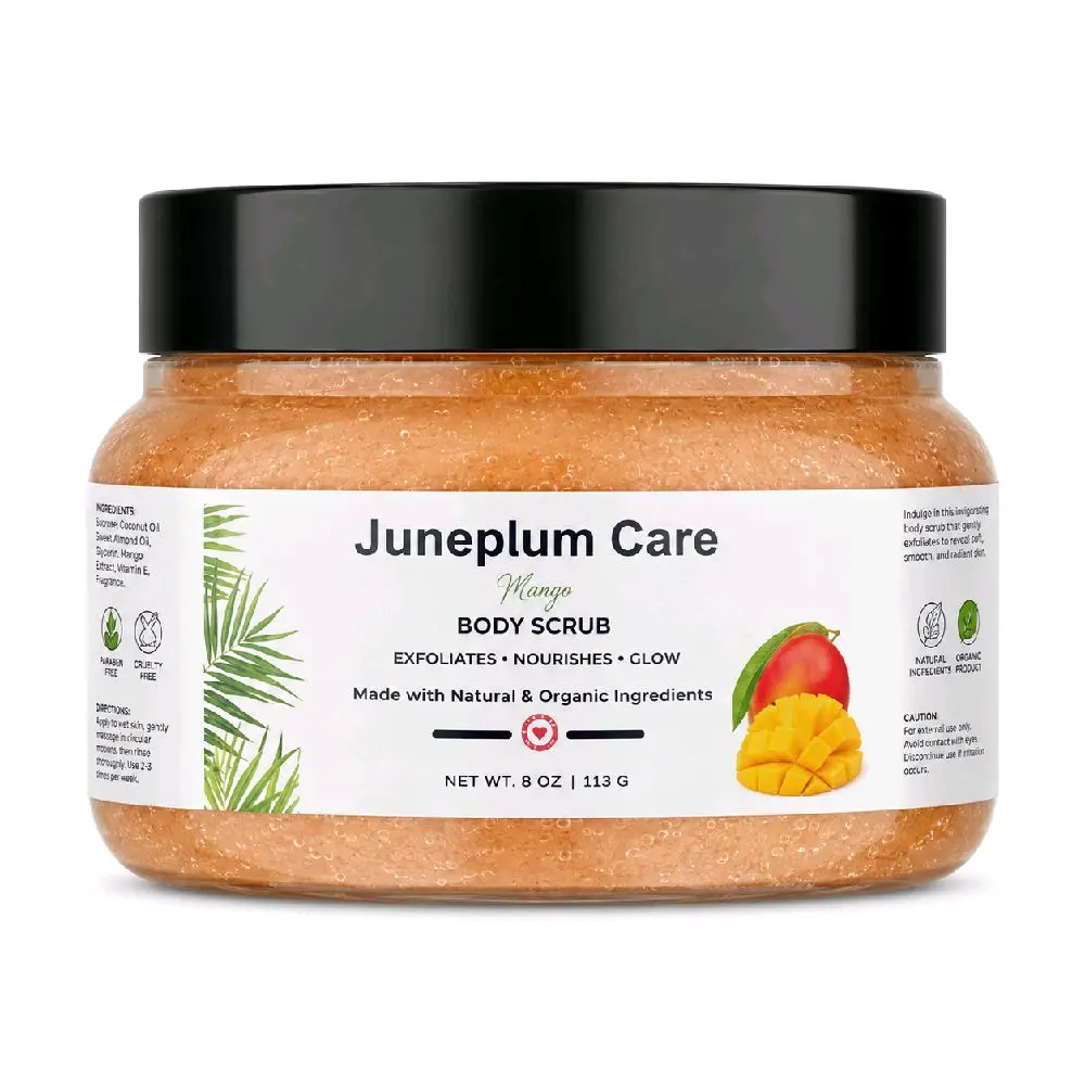 Juneplum Care Coconut Mango Body Scrub - Lightweight, Exfoliating & Hydrating Sugar Scrub with Shea Butter, Essential Oils & Fragrance, Vegan 8 Oz Body Exfoliator for All Skin Types, Self Care Gift for Women, Body Care Creamy Warm
