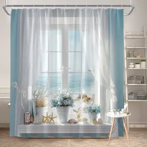 1Pc Nautical Coastal Shower Curtain Polyester Fabric Bathroom Decor Beautiful Ocean View with Flowers and Seashells 70.8x70.8 Inch with 12 Hooks for Bathtub Separation and Beach Theme Decor