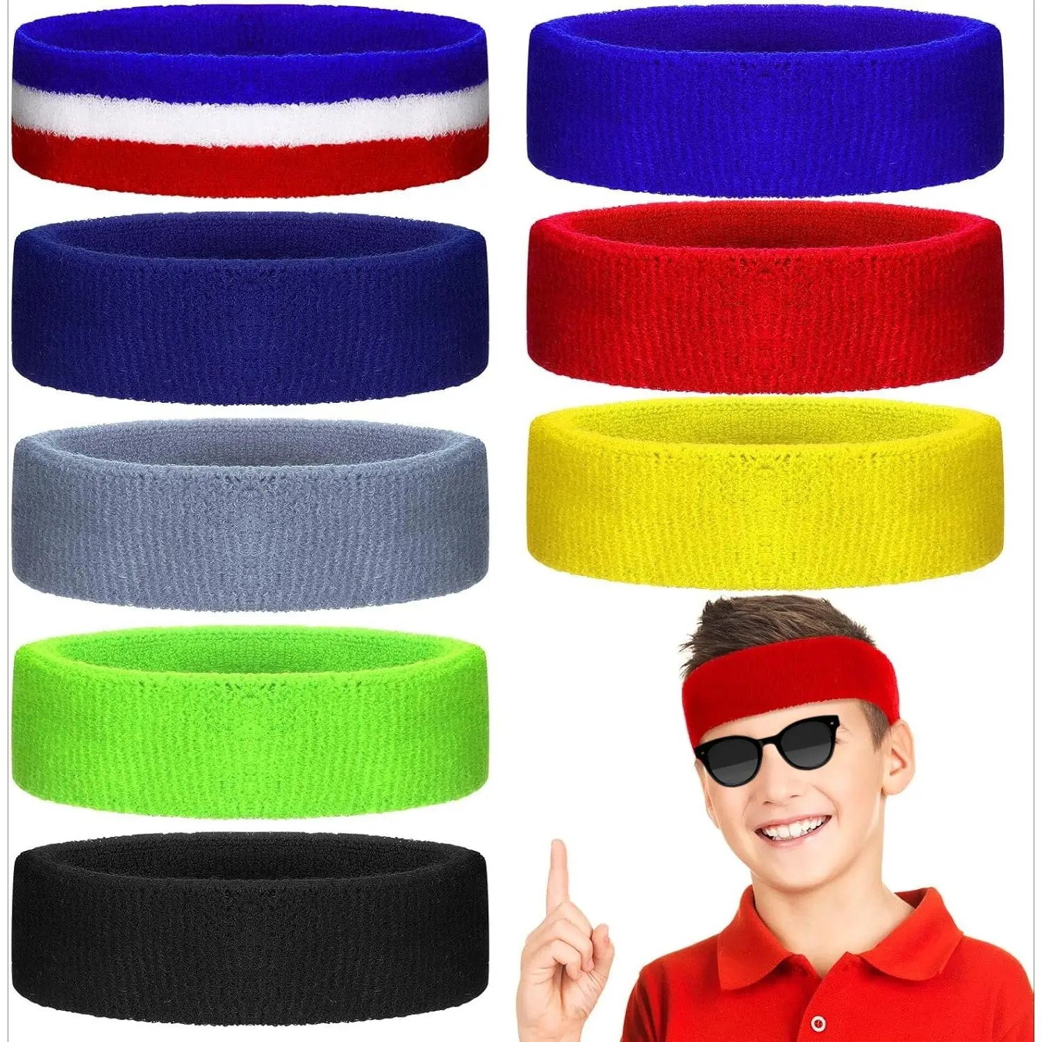 SQ-HDW189 8 Pcs Boys Headbands for Sports Kids Sweatbands Youth Basketball Headbands Colorful Soft Children Sweatbands for Kids Athletic Soccer, Tennis and More